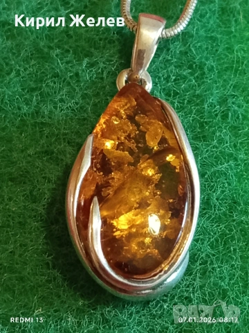 Сребърно колие с висулка от БАЛТИЙСКИ КЕХЛИБАР цвят коняк майсторска ръчна изработка 30867, снимка 7 - Колиета, медальони, синджири - 53015190