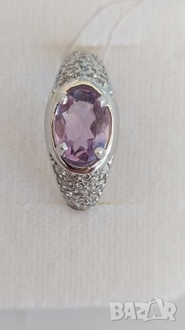 Руски златен  пръстен с естествен аметист и фианити
