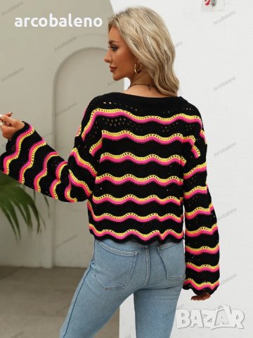 Дамски моден пуловер с дълги ръкави и кръгло деколте на райета, 2цвята - 023, снимка 4 - Блузи с дълъг ръкав и пуловери - 42305036