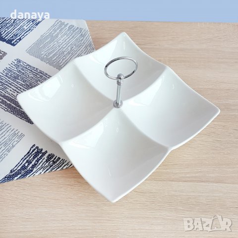 1662 Керамично плато за сервиране с 4 отделения и дръжка ордьовър