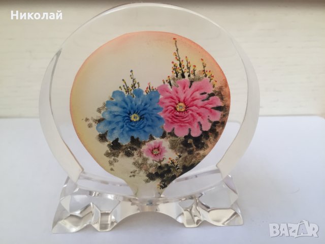 Китайски кристал за декорация с цветя "Божури", ръчно рисуван отвътре авторски уникат 2003г. , снимка 5 - Декорация за дома - 31683543