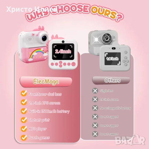 Детски фотоапарат с принтер за незабавен печат Фотопринтер Розов с еднорог, снимка 6 - Други - 52622402