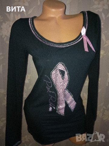 Sportalm- M- Черна блуза с  панделка с розови камъчета , снимка 2 - Блузи с дълъг ръкав и пуловери - 44348309