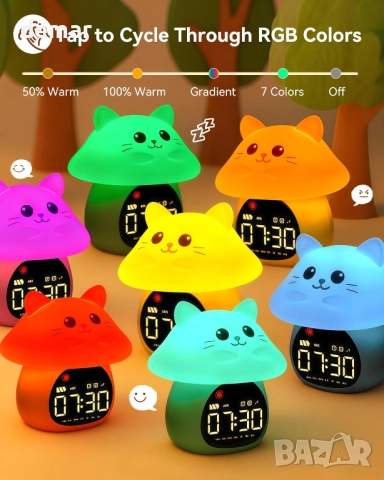 Yiliaw Будилник за сън с нощна RGB светлина за деца, 6 алармени тона и бял шум, коте, снимка 5 - Детски нощни лампи - 52088193