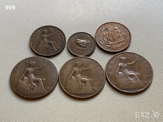 	фартинг 1942; 1/2 пени 1936, 1967; 1 пени 1912, 1916, 1919, Великобритания
