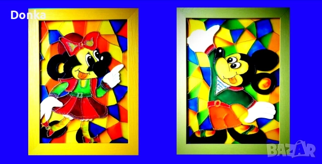 Подарък за детска стая - авторски оригинални СТЪКЛОПИСИ "Мики и Мини Маус", снимка 3 - Картини - 52352221
