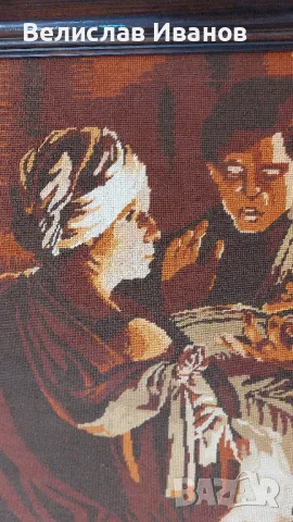 Антикварен гоблен с тъмна дървена рамка. Ситен бод. Перфектен., снимка 3 - Гоблени - 48081807