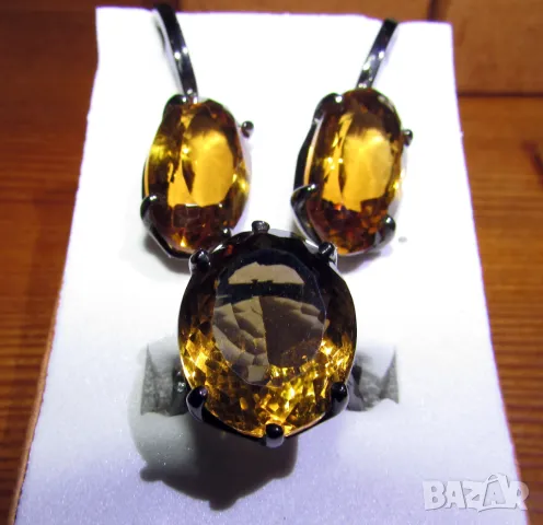 925 сребърен пръстен и обеци с цитрини, подходящи за подарък , снимка 3 - Обеци - 50275738