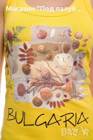 Нов дамски жълт потник с трансферен печат Мидички, Морски, Х-гръб, прав гръб, снимка 2 - Потници - 29964650