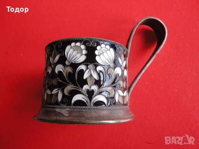 Руски сребърен подстакан чаша емайл позлата 916, снимка 2 - Колекции - 38740795