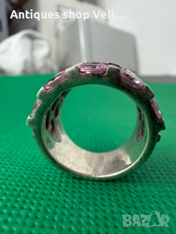 Сребърен пръсрен с розови скъпоценни камъни №7524 , снимка 2 - Антикварни и старинни предмети - 52131389