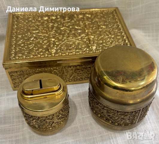 Сет от кутия за пури, запалка и съд за тютюн от месинг/бронз, снимка 3 - Антикварни и старинни предмети - 52466922