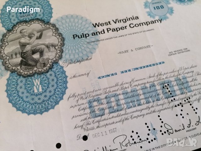 Сертификат за 100 акции (САЩ) | West Virginia Pulp and Paper Company | 1967г., снимка 2 - Други ценни предмети - 29320352