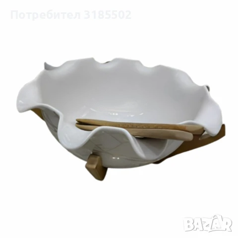 Керамична купа с дървена стойка и прибори за сервиране, снимка 2 - Прибори за хранене, готвене и сервиране - 51420566