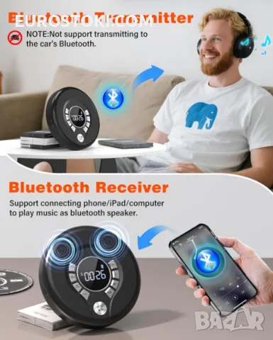 Преносим Bluetooth CD плейър Greadio CD37 със слушалки и вградени високоговорители, 2000 mAh, снимка 4 - MP3 и MP4 плеъри - 56145296
