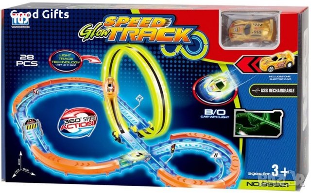 Комплект Ocie Glow Speed Track - Светеща писта с лупинг и количка, 28 части, снимка 1 - Коли, камиони, мотори, писти - 38261699