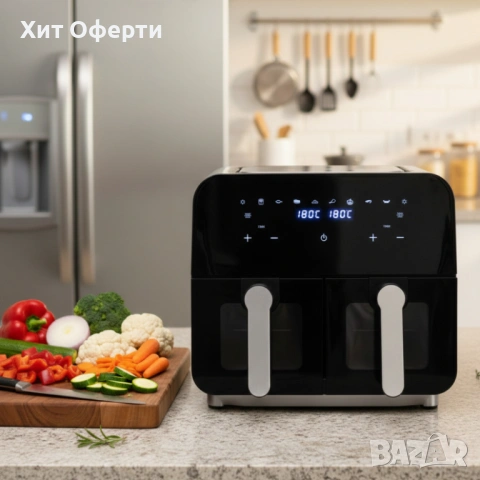 Двоен фритюрник с горещ въздух Cheffinger 9 л  с дигитален дисплей, стъклен прозорец и 360° циркулац, снимка 2 - Фритюрници - 53202527