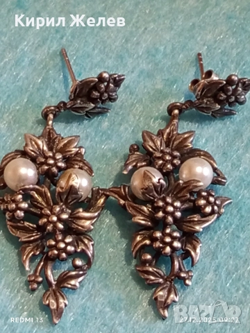 Винтидж сребърни обеци с флорален мотив и инкрустирани перли ювелирна изработка 52447, снимка 12 - Обеци - 52909467