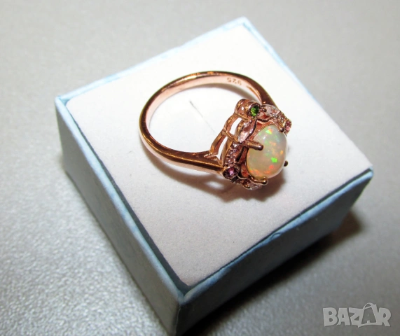 925 сребърен пръстен с розово злато и много красив цветен етиопски опал, снимка 4 - Пръстени - 54203915