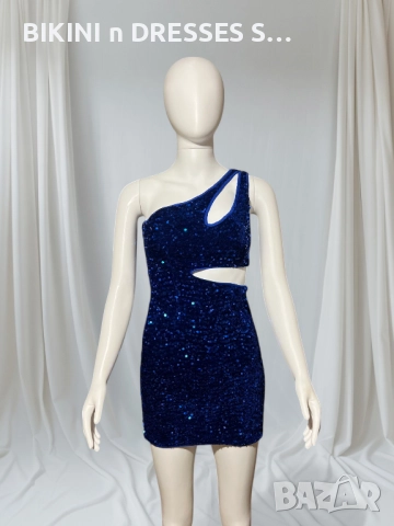 Синя рокля с пайети асиметрична едно рамо ХИТ