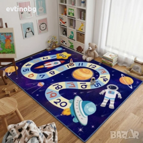Детски килим "Космическо броене" 120х160см – Тъмносин с планети и пътека с числа, Противоплъзгащ и М, снимка 6 - Други - 53881925