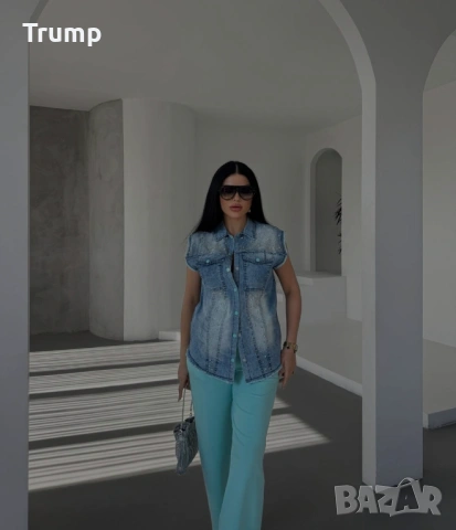 Ефектен комплект от елек деним и панталон азур цвят, снимка 2 - Комплекти - 53931103