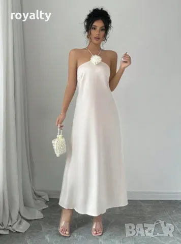 Елегантна сатенена рокля с флорален декор в кайсиев цвят 🥥, снимка 2 - Рокли - 49205532