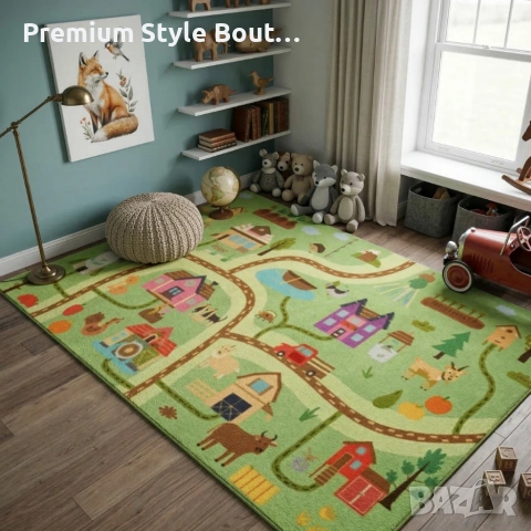 Детски килим за игра 120х160см - Светлозелен килим с ферма и животни, противоплъзгащ и миещ се, снимка 4 - Други стоки за дома - 53922529