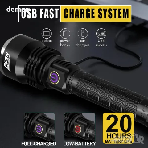 PFSN фенер LED супер ярък - 6000 лумена USB C акумулаторно фенерче с 400M дълъг лъч, водоустойчив, снимка 4 - Други стоки за дома - 47448385