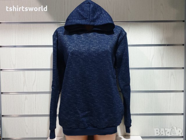 Нов дамски суичър в цвят тъмносин меланж с качулка и джобчета, снимка 6 - Суичъри - 30575170