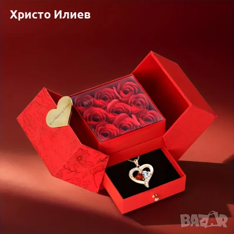 Златно колие с камъни в луксозна кутия с рози Подарък за жена майка, снимка 4 - Колиета, медальони, синджири - 51204267