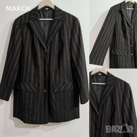 Макси елегантно еластично луксозно сако в райе с подплата, подплънки рамене, джобове, уголемено в бю