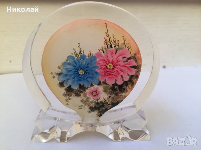 Китайски кристал за декорация с цветя "Божури", ръчно рисуван отвътре авторски уникат 2003г. , снимка 2 - Декорация за дома - 31683543