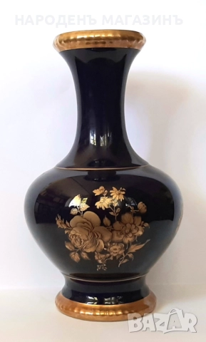 BAREUTHER - Немски порцелан много голяма ваза порцеланова кобалт златни цветя злато