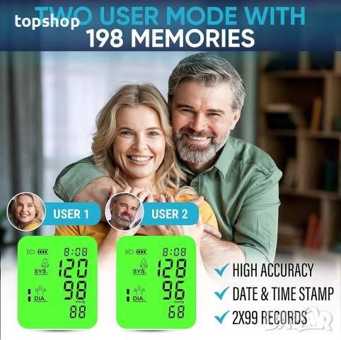 Нов автоматичен апарат за кръвно налягане ByFloProducts с цветен дисплей и маншет 22-42см  , снимка 4 - Други - 54096310