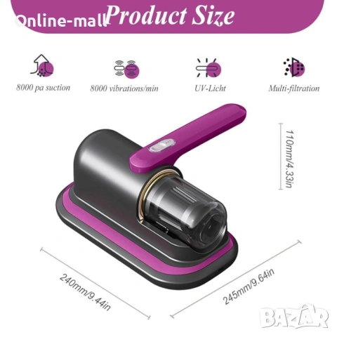 Професионална Безжична Прахосмукачка за Матраци и Мека Мебел – UV Стерилизация, Ултразвук и HEPA Фил, снимка 5 - Прахосмукачки - 53244049