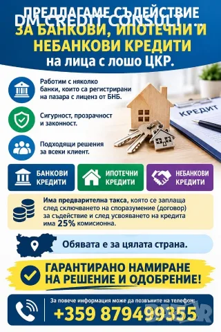 Предлагаме съдействие за банкови, ипотечни и небанкови кредити на лица с лошо ЦКР.