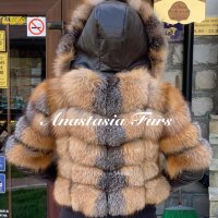 Луксозно палто естествена кожа и златна лисица естествен пух със сваляща се качулка, снимка 6 - Палта, манта - 38416696