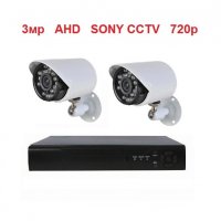 Пакет с 2 AHD камери 3MP 720р + 4канален AHD DVR + кабели и захранване пълен комплект за видеонаблюд, снимка 1 - Комплекти за видеонаблюдение - 31006317