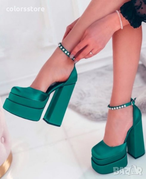 Сандали на ток - зелен сатен - VS1, снимка 1