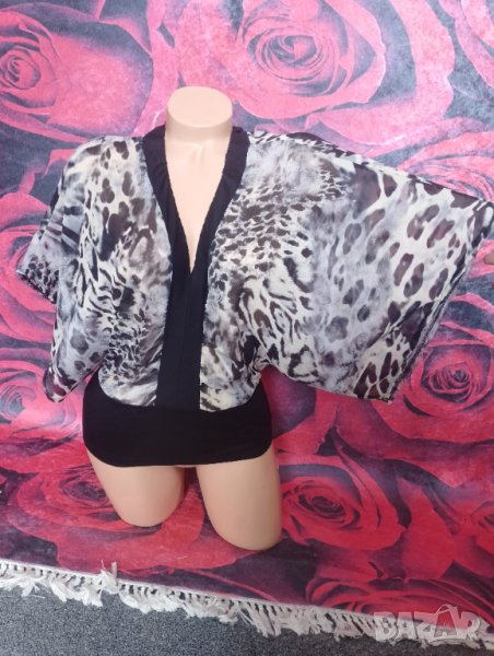 Бежово-сиво-черна феерична блуза шифон и трико С, снимка 1