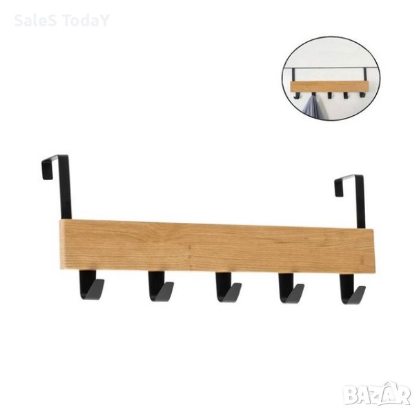 Закачалка за врата, кука, дърво и метал, 5 места, 38x7x16 см, кафяв, снимка 1