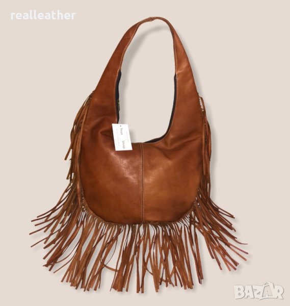 Дамска чанта тип торба с ресни от естествена кожа, снимка 1