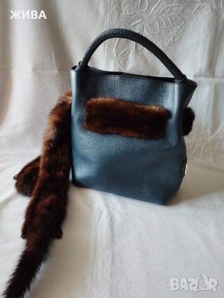 ЕСТЕСТВЕНА КОЖА дамска чанта с норка, снимка 1