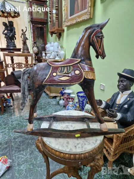 Прекрасна много стара антикварна дървена фигура статуетка люлеещ се кон, снимка 1