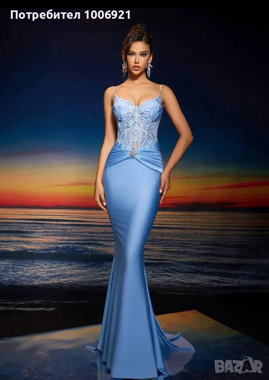 Комплект рокля, чанта, обувки и бижута светло синьо, снимка 1