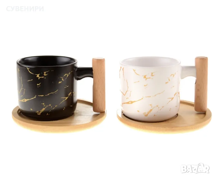 Керамичен комплект за чай от 2 части - чаша и поставка от бамбук, снимка 1