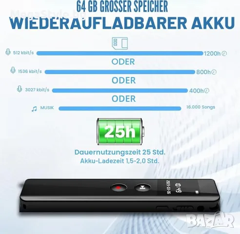 128GB цифров гласов рекордер с възпроизвеждане,MP3 плейър, снимка 8 - Други - 55749552