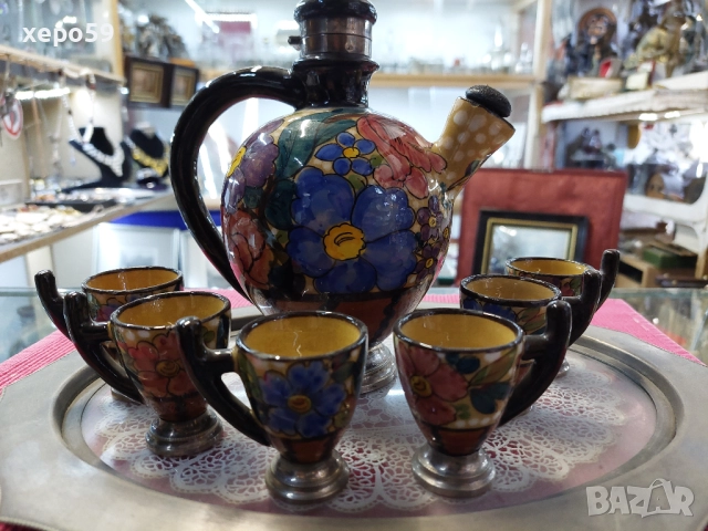 Много рядък авторски керамичен сет със сребърен обков/кана за ракия+ шест чаши,сребро проба 800, снимка 2 - Аксесоари за кухня - 52315971