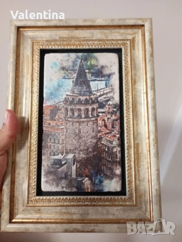 Картина върху камък, рамкирана, Галата, снимка 3 - Картини - 51534287